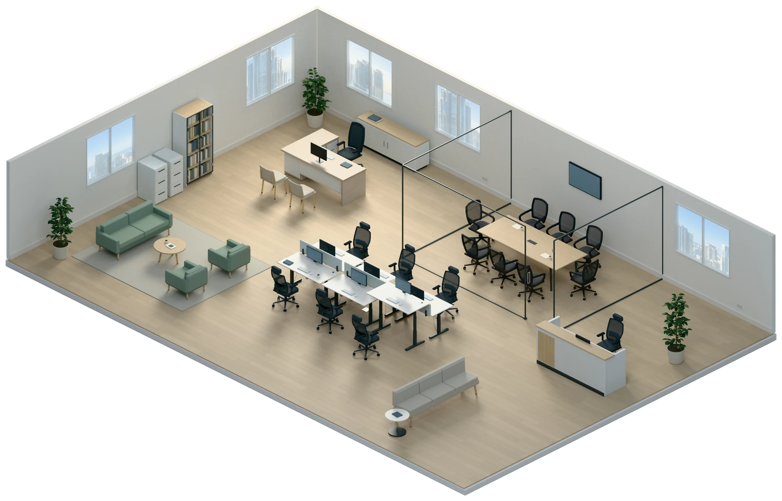 Oficina amueblada: estaciones de trabajo, sala de reuniones, oficina ejecutiva, recepción, lounge y almacenamiento